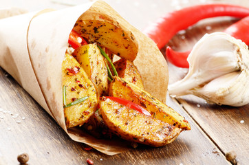 Boiled and baked potato in paper