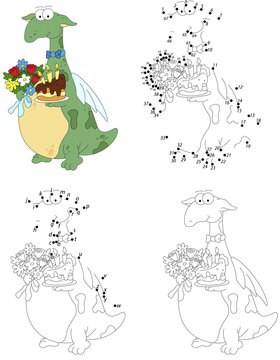 Cartoon dragon with the flowers and the birthday cake. Coloring