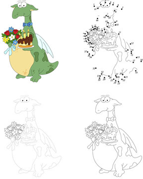 Cartoon dragon with the flowers and the birthday cake. Dot to do