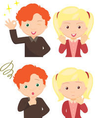 Couple of anxious and worried expression and couple of joyful ex