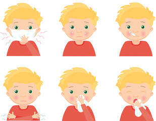 Blond sick boy with flu mask, thermometer and handkerchief