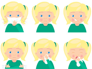 Blond sick girl with flu mask, thermometer and handkerchief