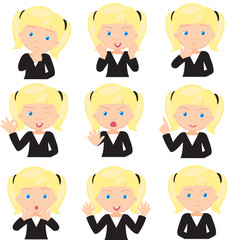 Blond girl doubts, rejoices, angry and gives advice