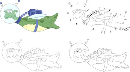 Cartoon dragon astronaut. Dot to dot game for kids