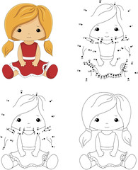 Cartoon doll in a red dress. Coloring book and dot to dot game f