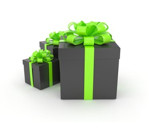 three gift boxes with bows isolated on white. 3d rendering.