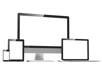 Ultimate web design, laptop, smartphone, tablet, computer, display. 3d rendering.