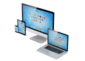 Ultimate web design, laptop, smartphone, tablet, computer, display. 3d rendering.