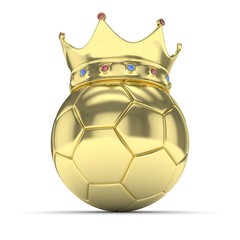 Golden soccer ball with golden crown on white background. 3D rendering.
