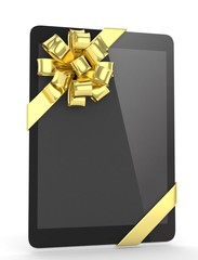 Black tablet with golden bow. 3D rendering.