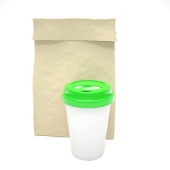 Coffee to go and lunch bag, on white. 3d rendering.