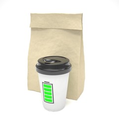 Coffee to go and lunch bag, on white. 3d rendering.