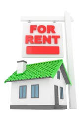 Isolated model of house with for sale sign on white background. Good investment in real estate. Buy new apartment. 3D rendering.