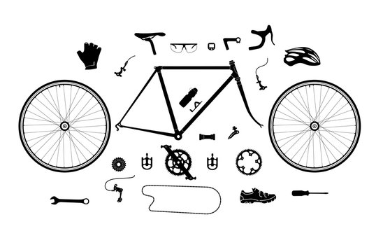 Road bicycle parts and accessories silhouette set, elements for infographic, etc