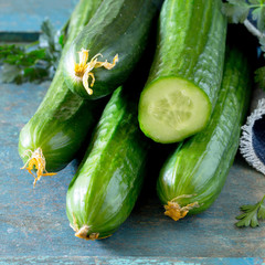 Fresh organic cucumber on vintage wood background, selective foc