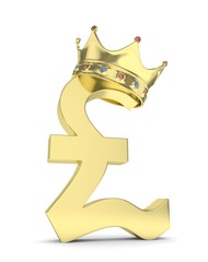 Isolated golden pound sign with crown on white background. British currency. Concept of investment, european market, savings. Power, luxury and wealth. Great Britain, Nothern Ireland.  Crown with gems