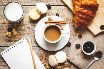 breakfast at home on wooden table with cup of  coffee
