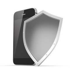 Smartphone and shield on white, security concept. 3d rendering.