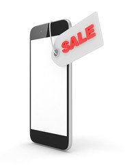 Smart phone with red sale label on white background. Best offer. Leader of sales. 3D rendering.