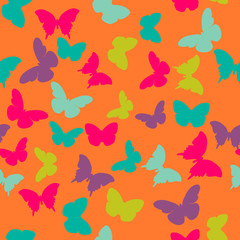Vector seamless pattern with random green, blue, pink, purple butterflies on orange background. Vintage child baby design for wrapping, textile, fabric, invitation, greeting, wedding cards, websites