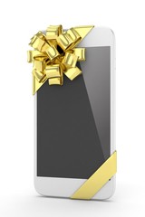 White phone with golden bow. 3D rendering.