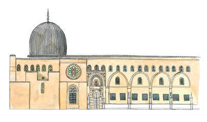 Watercolor Hand drawn architecture sketch of Israel Jerusalem Al-Aqsa Mosque in Old City with lettering Israel Jerusalem isolated