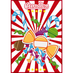 Vintage candy poster with candies and lollypops on a red white retro background