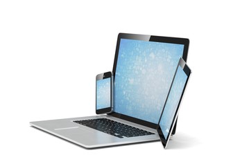 laptop, tablet, phone, on white. 3d rendering.