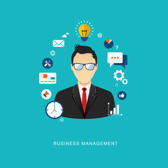 Business management concept flat illustration. Office man with i