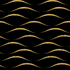 Gold wave seamless pattern. Golden glitter on black background. Abstract geometric wavy texture. Retro Vintage decoration. Design template graphic wallpaper, wrapping, fabric, etc. Vector Illustration