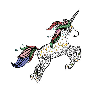 Mythical Unicorn in a magical animal doodle style vector.