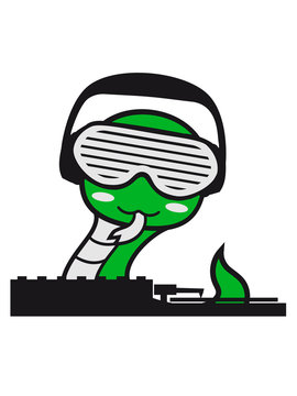 cool mischpult dj party club celebrate disco music headphones glasses sweet cute little baby child snake comic cartoon kawaii