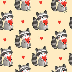 Vector seamless pattern with cute raccoon holding a heart in his hands on a white background. Cartoon raccoon in vector.