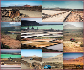 collage of mountain roads, views and sights of Lanzarote, Canary islands, Spain