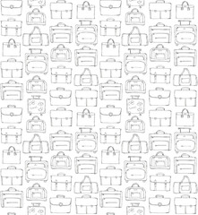 Hand drawn doodle sketch illustration seamless pattern - baggage for travel, suitcase, case, handbag, sports bag isolated on white. Coloring book