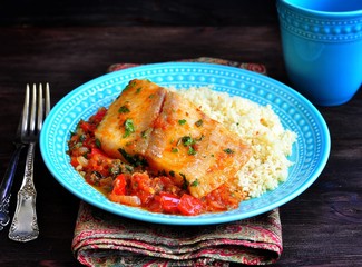 White sea fish cooked in a spicy tomato sauce with sweet pepper, cumin, garlic and coriander.