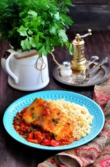White sea fish cooked in a spicy tomato sauce with sweet pepper, cumin, garlic and coriander.