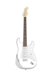 Obraz na płótnie Canvas Isolated silver electric guitar on white background. Musical instrument for rock, blues, metal songs. 3D rendering.