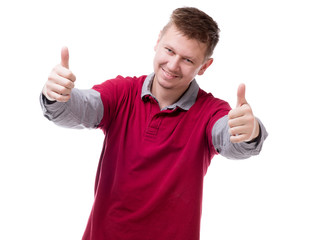 smiling man with thnmbs up isolated on white background