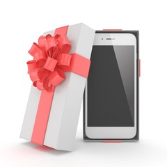 Smartphone in gift box. Isolated on white background. 3d rendering.