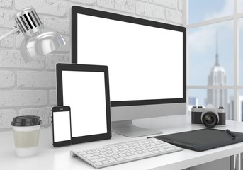 Responsive mockup screen. Monitor, tablet, phone on table in office. 3d rendering.