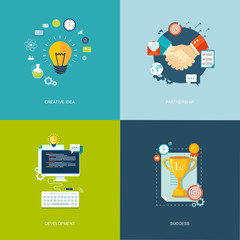 Flat banners set. Creative idea, partnership, development, succe