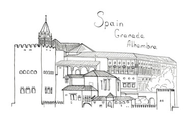 Fototapeta premium Hand drawn sketch illustration architecture landmark of Spain, Granada, Alhambra architectural ensemble isolated
