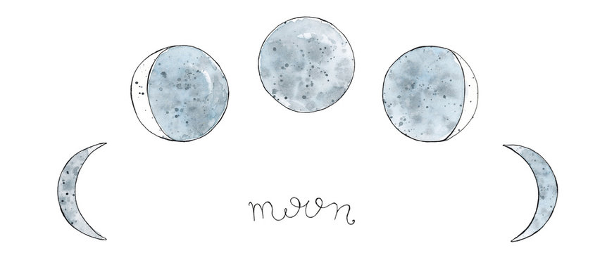 Watercolor hand drawn art sketch of Moon phases Lettering Moon