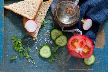 Club sandwich with fresh cucumber, tomato and ham, watercress sa
