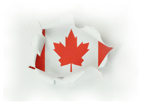 Torn Paper Forms An Elliptical Shape Filled With A Red And White Canadian Maple Leaf Flag. Great For Any Canadian Holiday Like Victoria Day, Remembrance Day, Canada Day, Or Political Background.