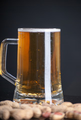 Beer glass with background and shinny reflection on bottom with beer falling into glass