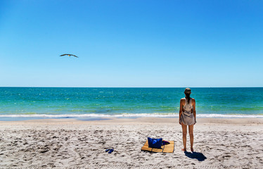 Fototapeta na wymiar Naples, Florida - May 18th 2014 - People enjoying a beautiful blue sky day in the beach of Naples in Florida, USA