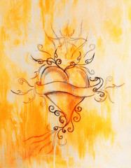 Heart and ribbon with ornament, original drawing, pencil sketch on paper. Color effect.