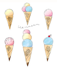 Watercolor hand drawn sketch illustration set of ice-cream in a waffle cone in pastel colors with lettering isolated on white. Design element for banner, logo, textile, napkin of ice cream shop
